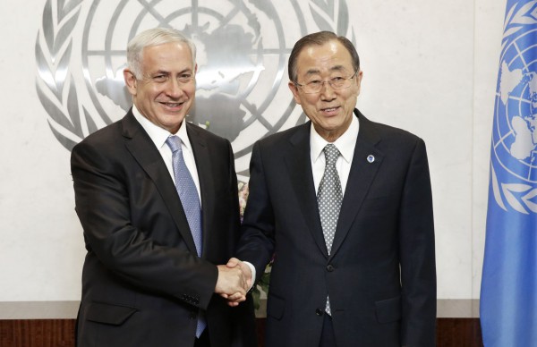 Benjamin Netanyahu, the Prime Minister of Israel, met with Secretary-General Ban Ki-moon (right) on Sept 30, 2014 to discuss the UN bias against Israel, among other topics.