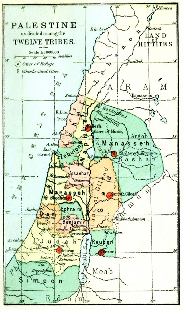 An 1889 map illustrating the division of the Land of Israel between the Twelve Tribes. (Palestine, by Conder)