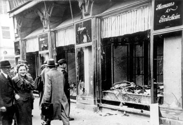 Broken glass littered the streets after Jewish-owned stores, buildings, and synagogues had their windows smashed on Kristallnacht, the beginning of Nazi Germany's Final Solution.
