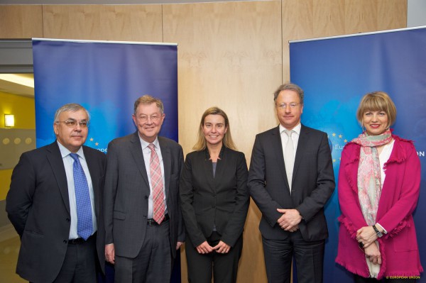 Federica Mogherini, High Representative of the EU for Foreign Affairs and Security Policy (middle) with the Middle East Quartet: Ambassador Sergey Vershinin, Special Envoy of the Minister of Foreign Affairs, Director of the Middle East and North Africa Department of the Russian MFA; Robert Serry, UN Quartet Envoy; Frank Lowenstein, US Quartet Envoy; Helga Schmid, Deputy Secretary General for Political Affairs of the European External Action Service (Council of the European Union photo)