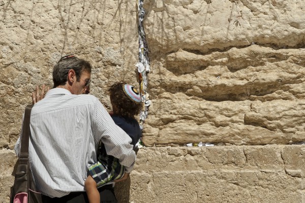 Jewish father, son, western wailing wall, jerusalem