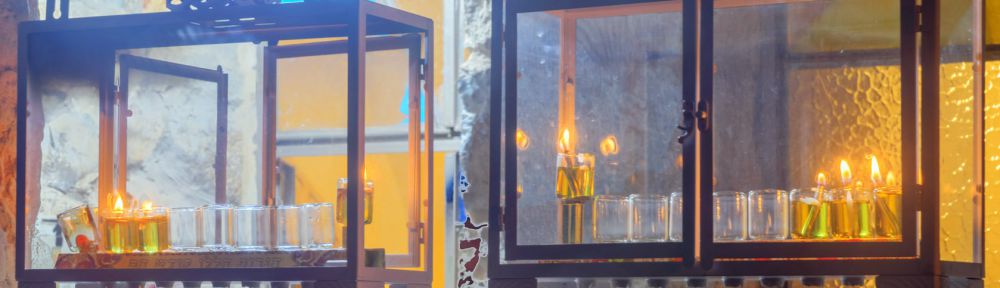 Traditional Hanukkah Menorahs (Hanukkiahs) with oil lamps in the Jewish Quarter of Safed, Israel