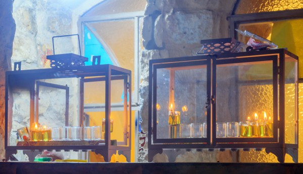 Traditional Hanukkah Menorahs (Hanukkiahs) with oil lamps in the Jewish Quarter of Safed, Israel