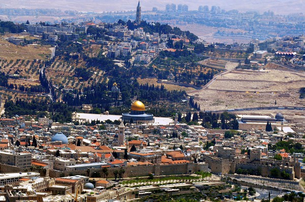 Aerial view of the Temple Mount and Mount of Olives in Jerusalem.