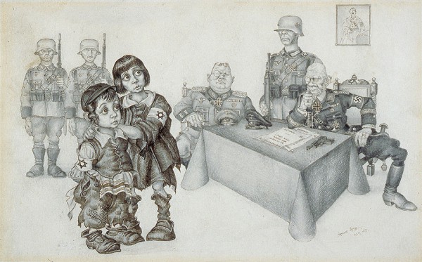 This 1943 illustration by Arthur Szyk tried to spread the truth that innocent Jewish children were being condemned to die by the Nazis.  The drawing first appeared in the PM New York Daily newspaper and later on prints and fundraising stamps for Peter H. Bergson's Emergency Committee to Save the Jewish People of Europe. 