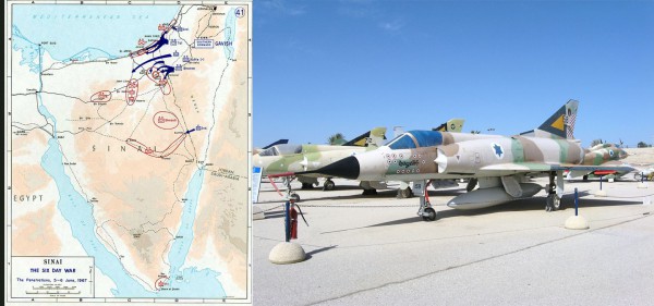 Map of Day 1 infiltration of Israeli Air Force against Egyptian airfields on the Sinai Peninsula using French aircraft, such as the Dassault Mirage fighter jets 