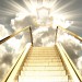 Gold throne in the clouds with gold stairs leading up to it.